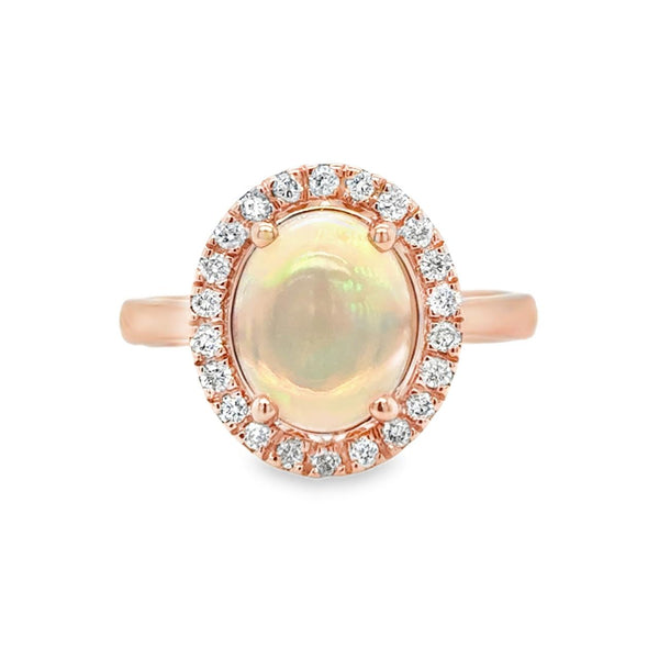 Oval Opal and Diamond Halo Ring in Rose Gold