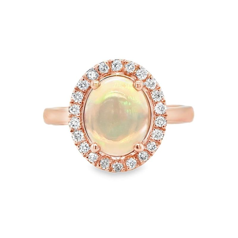 Oval Opal and Diamond Halo Ring in Rose Gold