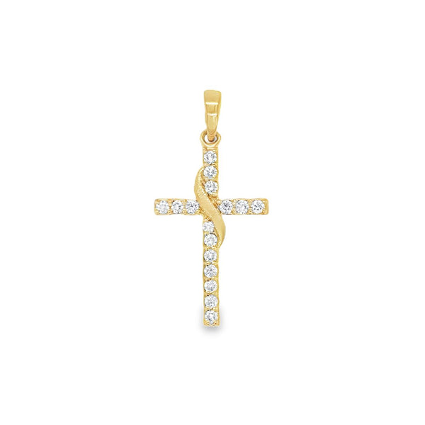 Brushed Gold Swirl Diamond Cross Pendant