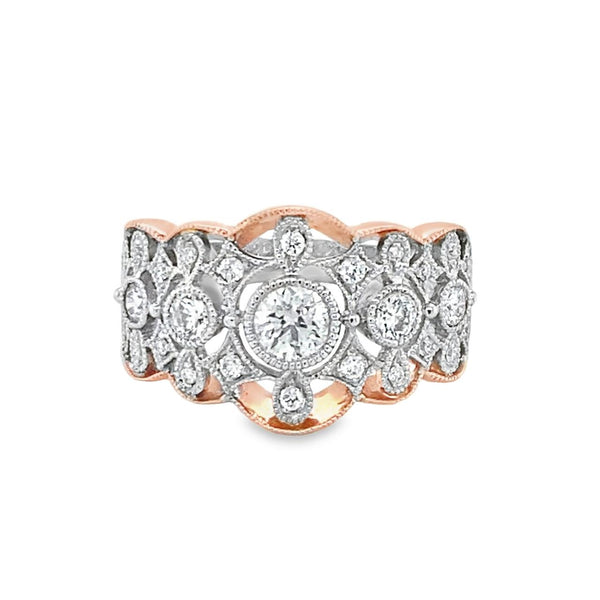 Wide Vintage Rose and White Gold Diamond Ring