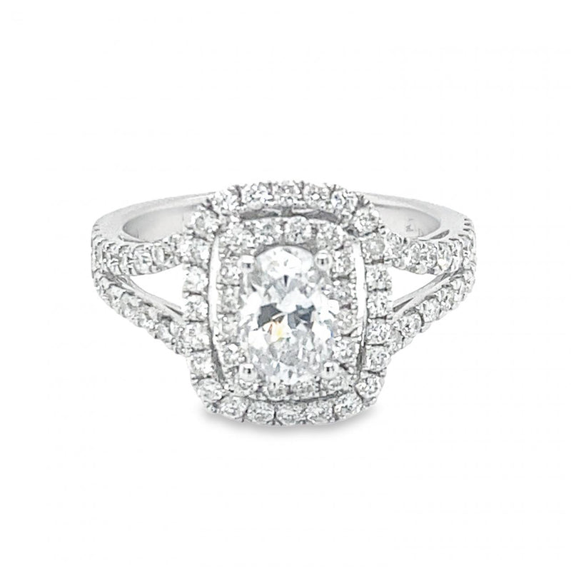 Double Halo Semi-Mount Oval Engagement Ring in 18k