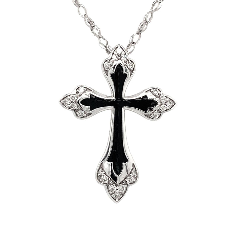White Gold Diamond Cross with Black Enamel
