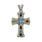 Multi-Gem Silver and Gold Cross Pendant