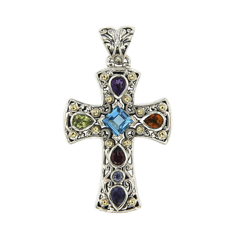 Multi-Gem Silver and Gold Cross Pendant