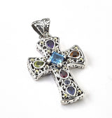 Multi-Gem Silver and Gold Cross Pendant