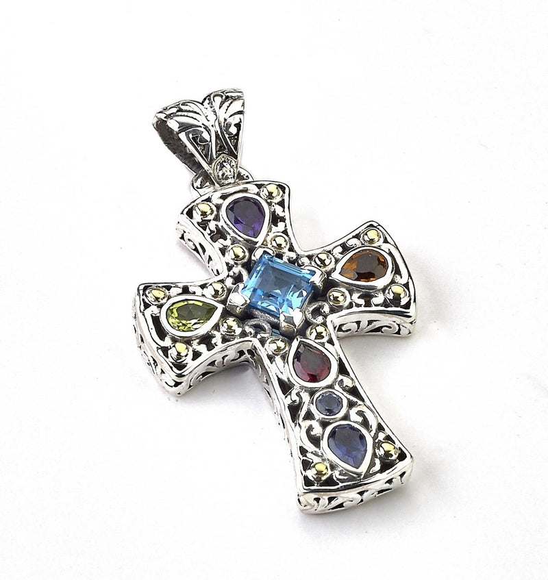 Multi-Gem Silver and Gold Cross Pendant