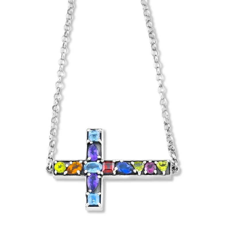 Multi-Gem Silver Sideways Cross