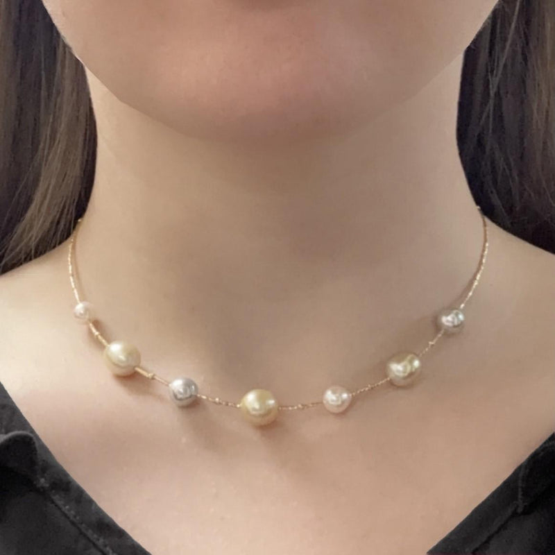Golden South Sea and Akoya Pearl Station Necklace
