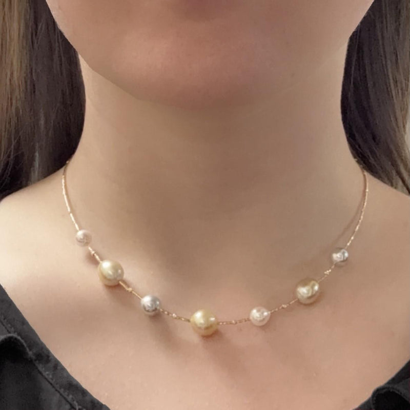 Golden South Sea and Akoya Pearl Station Necklace
