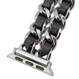 Silver Tone and Black Leather Apple Watch Band
