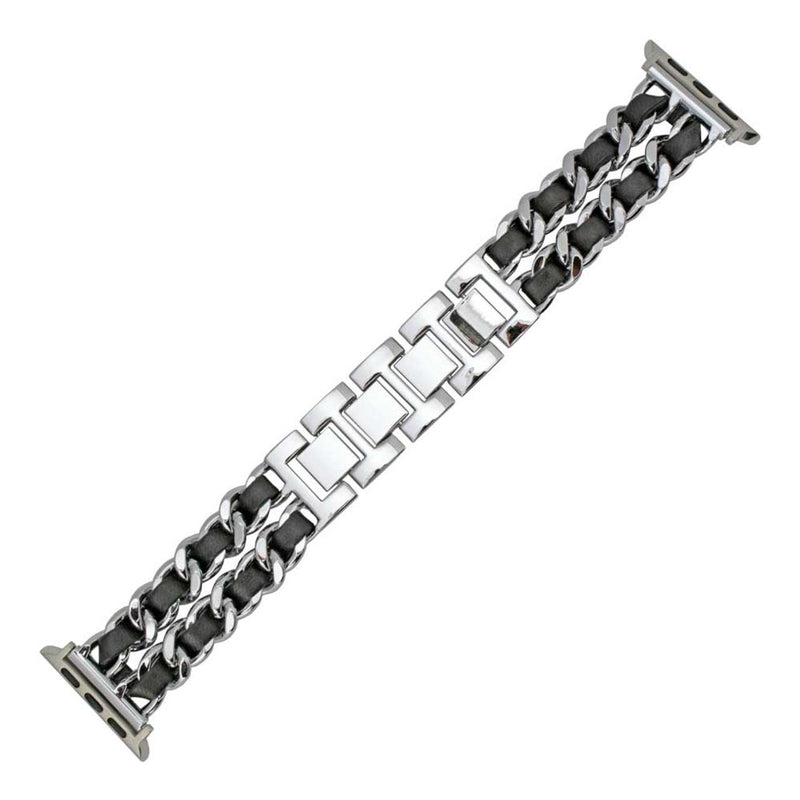 Silver Tone and Black Leather Apple Watch Band